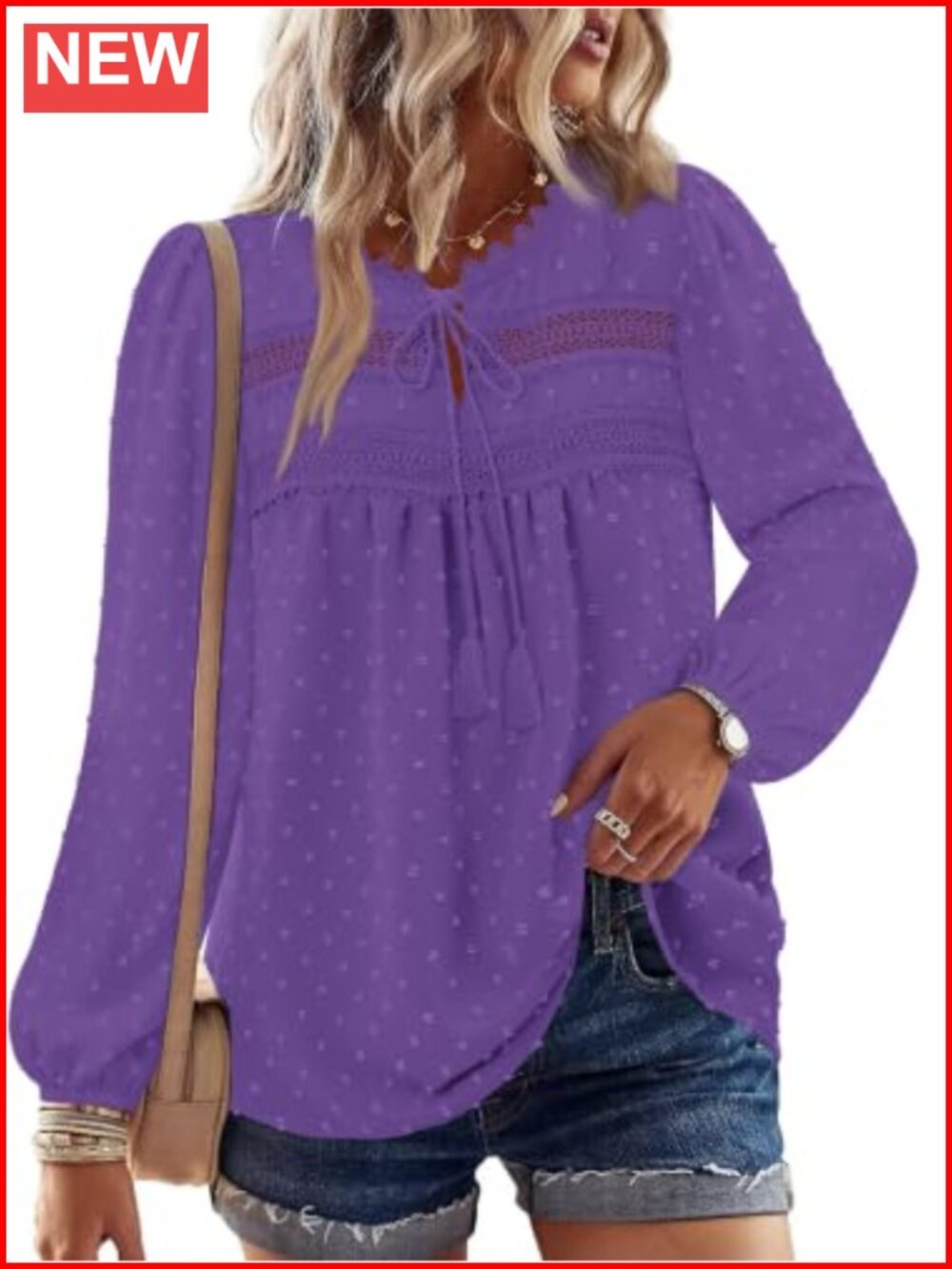 Womens Long Sleeve Swiss Dot Lace Boho Blouse Flowy Peasant Tunic Top